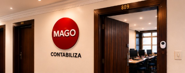 Escritório Mago Contabiliza — recepção com a marca em destaque